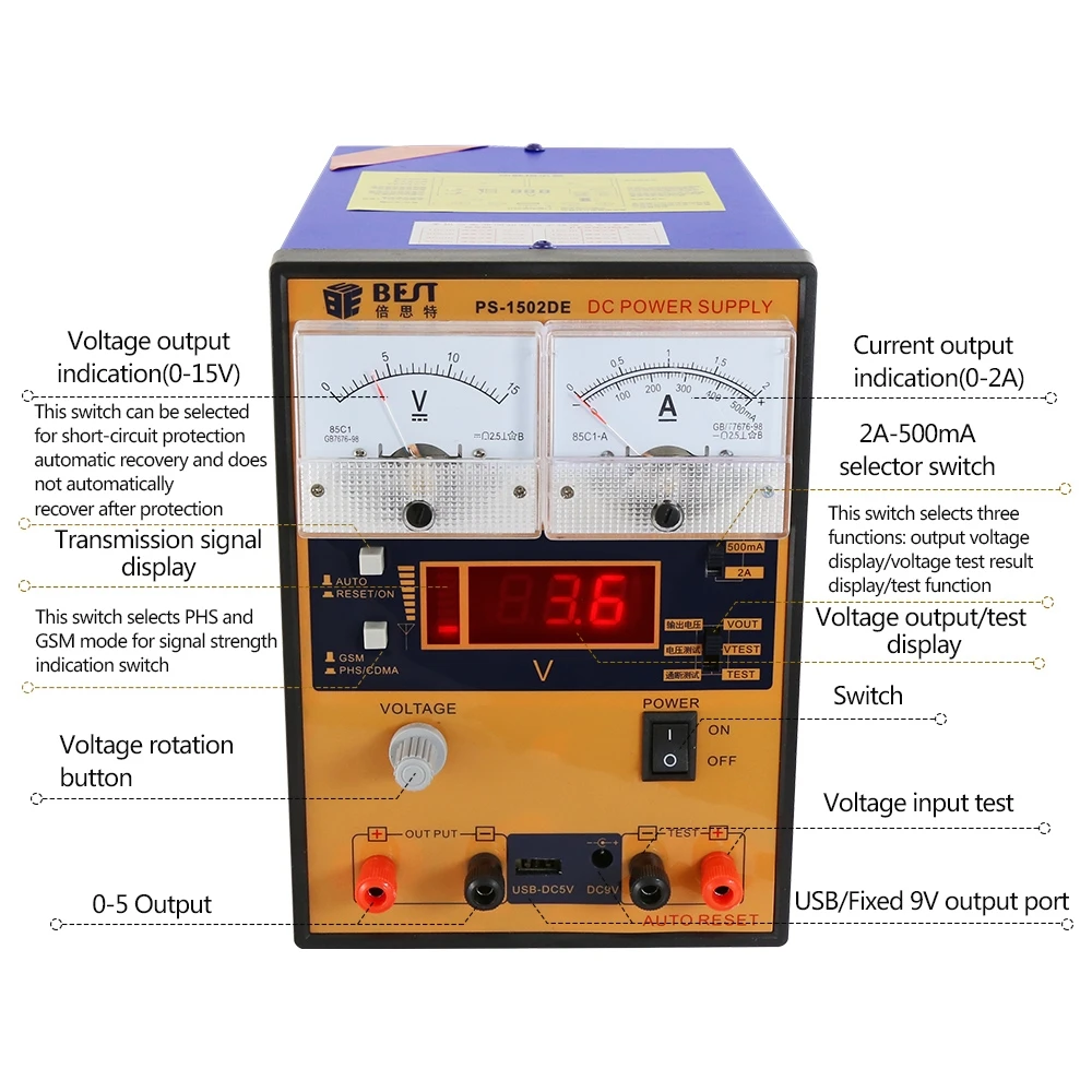 15V 2A DC Power Supply GSM CDMA Signal Detection Short Circuit USB 9V Outputs for Mobile Phone Repair