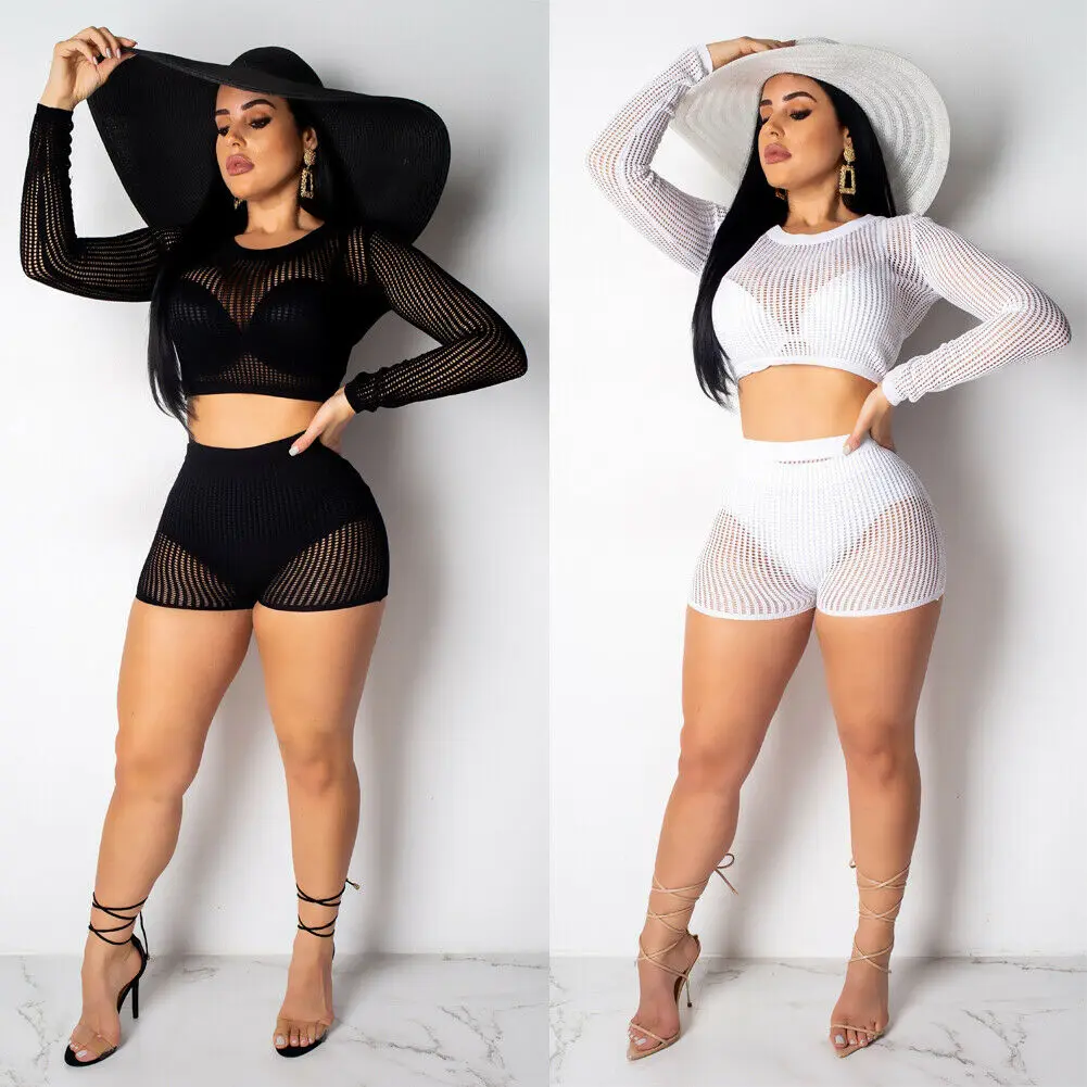 

2019 Summer Sexy Women Mesh Fish Net Beachwear Sets Long Sleeve Transparent Hollow Tee Tops With Hollow Trunks Swimwear Sets