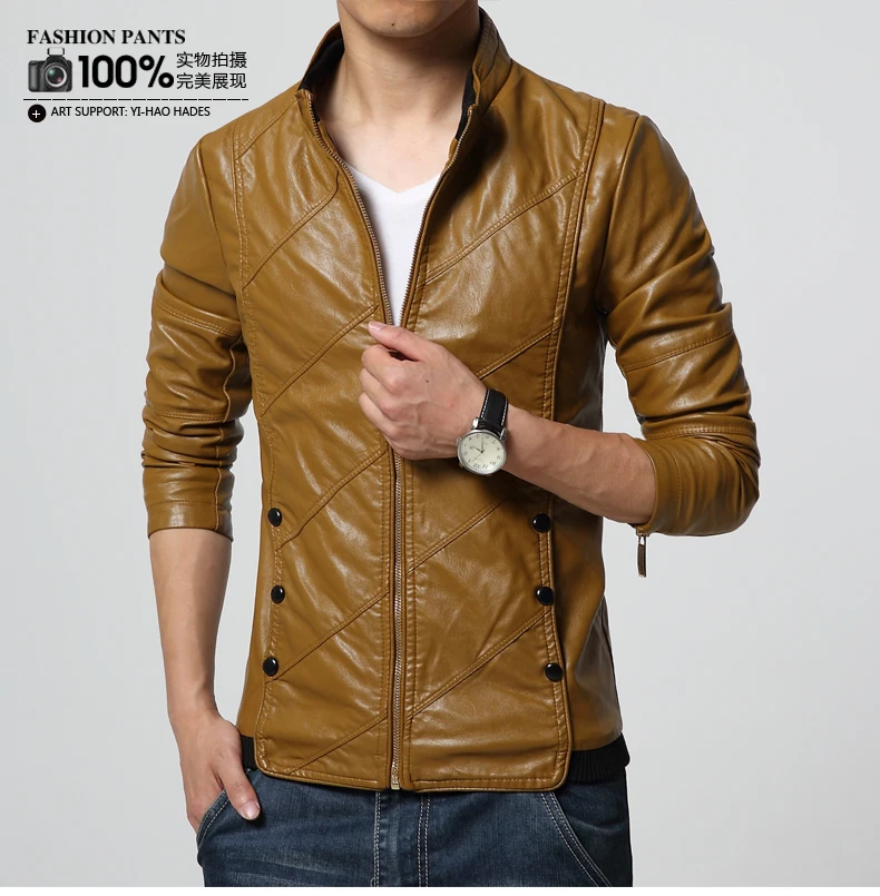 2016 New Fashion Brand Men's PU Jackets Stand Collar Mens Leather Jackets Casual Outerwear for