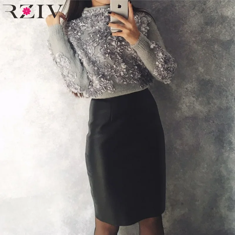 RZIV 2018 Autumn and winter women sweater and pullovers leisure female flowers embroidered patch knitted sweater