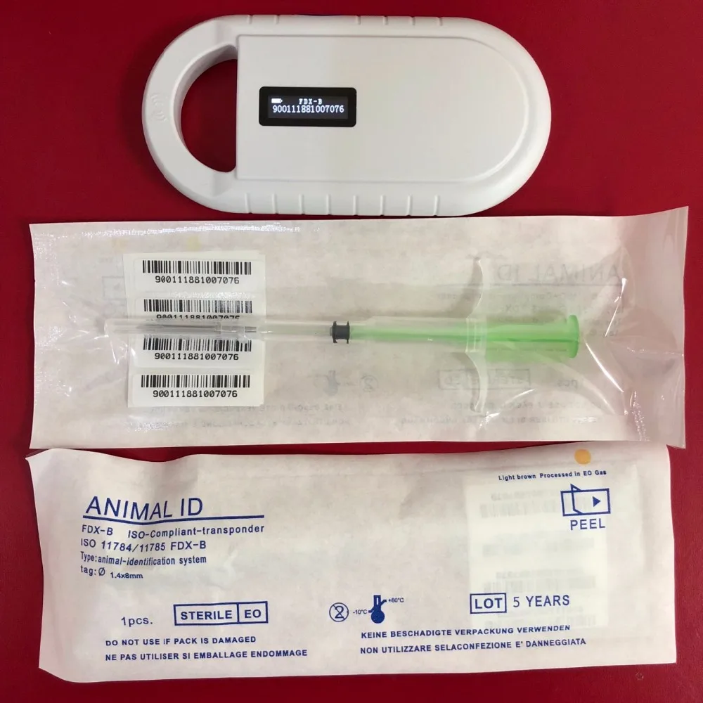 

FDX-B Animal Microchip Recognition Reader Ear Tag Scanner Rfid Chip with 2pcs Transponder Pet Syringe 1.4*8mm