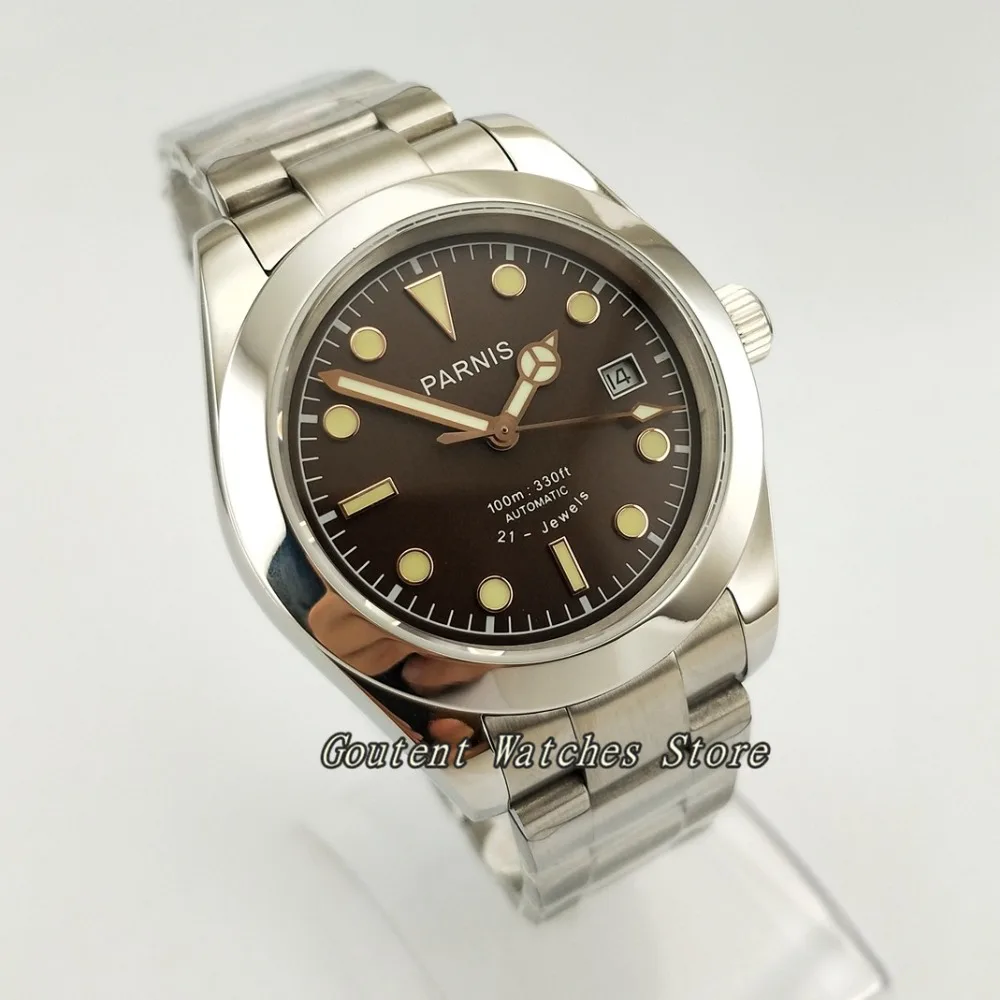 

40mm Parnis Steel Coffee Dial Sapphire Glass Green Luminous Miyota Automatic Men's Wrist Watch
