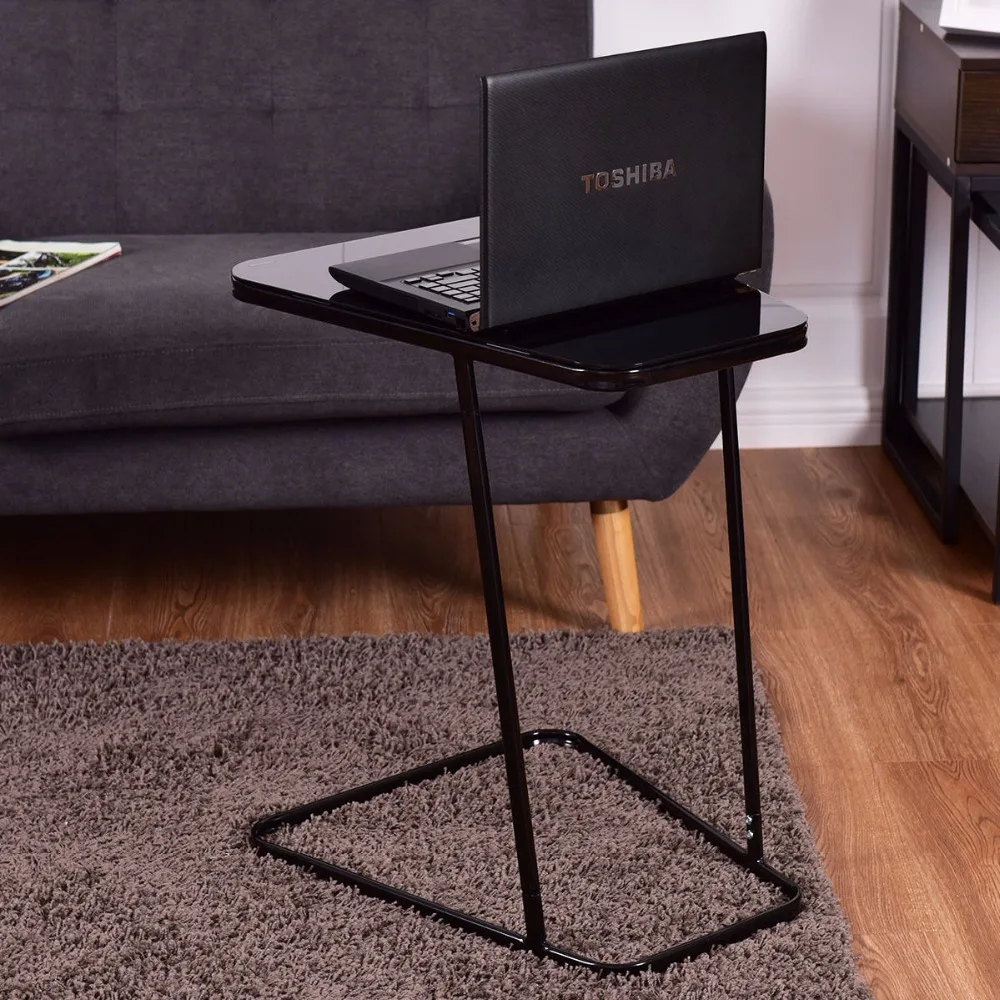 Goplus Modern Glass Top End Table Accent Side Snack Coffee Sofa Table Portable Black C Shape Home Steel Coffee Table HW56084