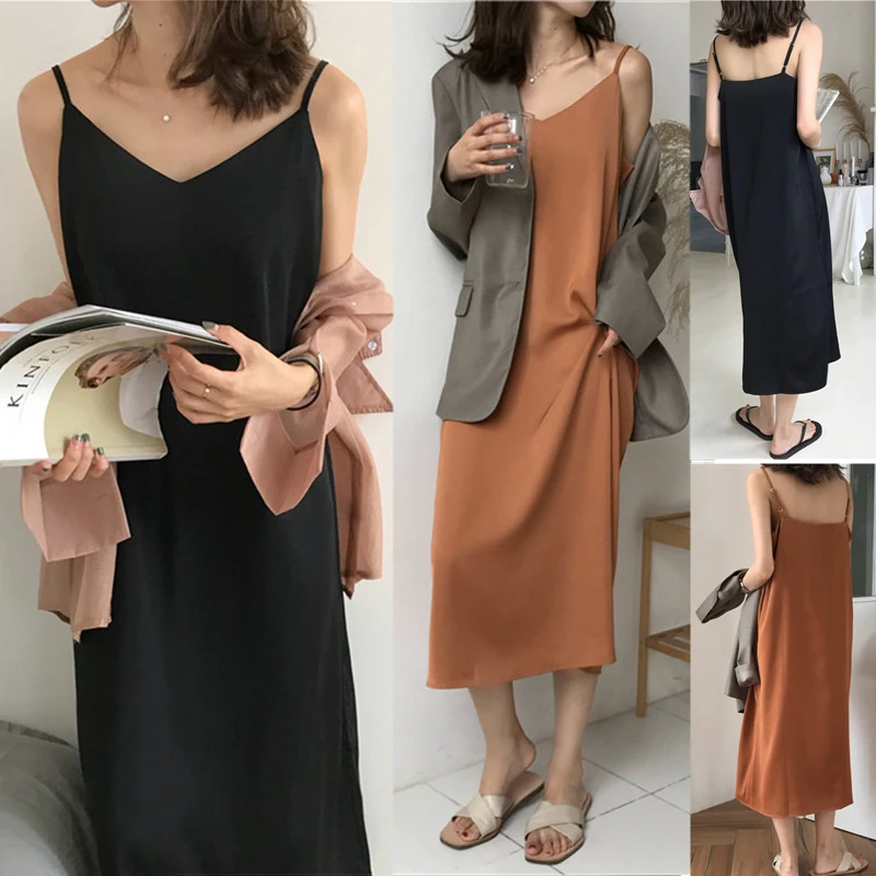 

Korean Women Dress Loose Casual V Neck Maxi Dress Solid Slip One Piece Dress