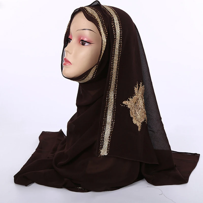 

New Embroidery Muslim Hijab Turban Woman hijab Solid Color Rhinestone Decoration Sequins Chiffon Popular Shawls Scarf Headband