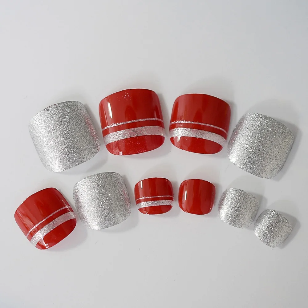 

24 False toenails Shimmer Glitter Silver Fake Toe Nails Red French Fingernails for Toes with glue sticker
