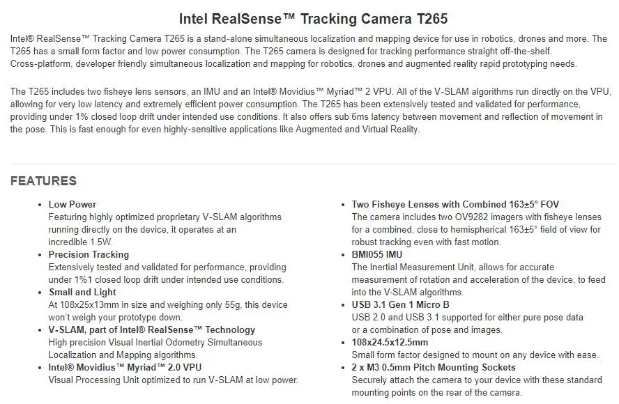 1 шт. x камера слежения RealSense T265 класс автономного устройства одновременной локализации и отображения