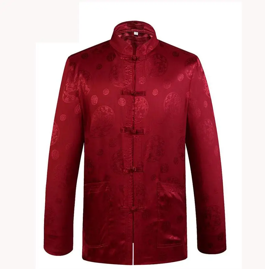 Осень человек дракон Кунг Фу куртка пальто Традиционный китайский воротник мандарина Тан костюм одежда для мужчин Camisa Masculina - Цвет: wine reddragon 2