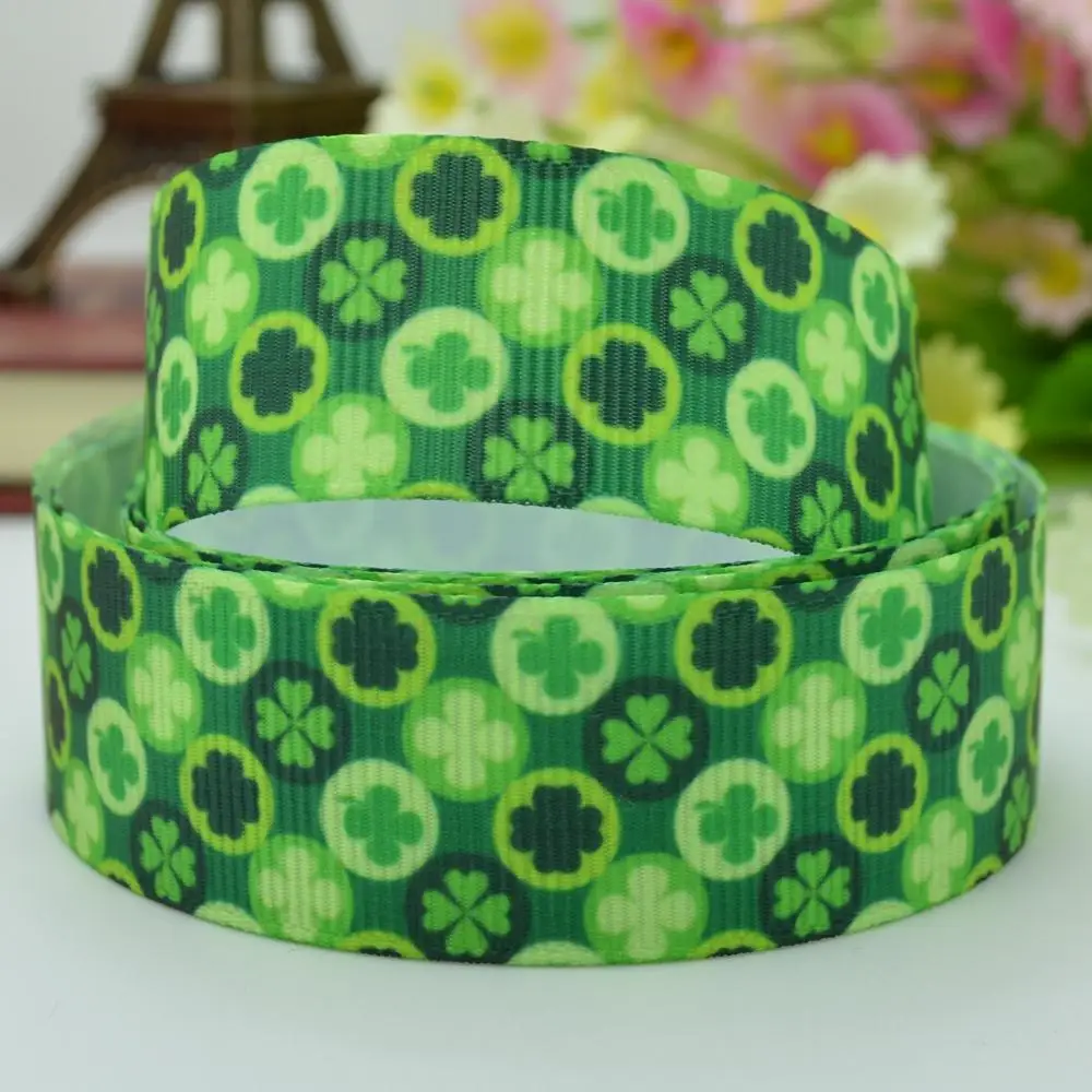 Saint Patrick's day four-leaf clover fabric bow materials 22mm print grosgrain ribbon 7/8&quot birthday gift paking character | Дом и сад