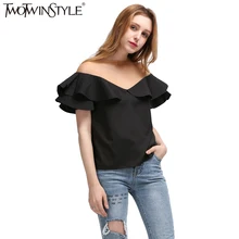 TWOTWINSTYLE 2020 Summer Women Ruffles Short Sleeves Tops T Shirt  Sexy Transparent Tulle Slash Neck Tee Female Clothes Korean