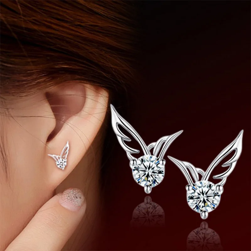 

Silver Plated Angel Wings Stud Earrings Women Crystal Rhinestone Zircon Earring Hollow Charm Fashion Ear Jewelry Accessories