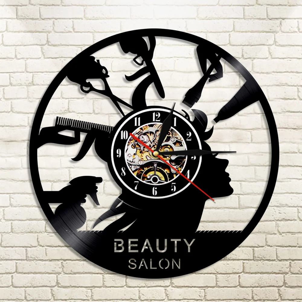 1Piece Beauty Salon Vinyl Record Wall Clock Hairdress LED Light LP Wall