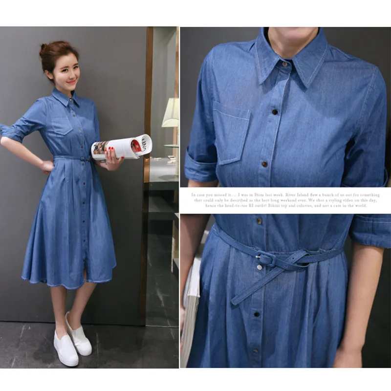  Women's clothing solid color half-sleeved belt slim denim shirt dress ladies fashion casual long section jeans dress (10)