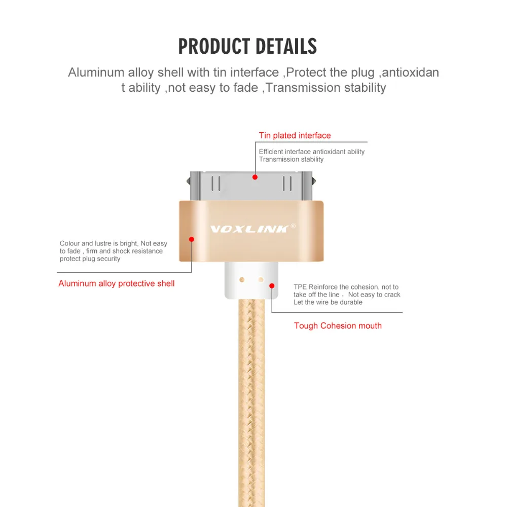 VOXLINK 1 м, 2 м, 3 м, нейлоновая оплетка, провод, 30 pin, металлический штекер, USB кабель для синхронизации данных, зарядное устройство для iphone 4, 4S, 3GS, iPad 1, 2, 3