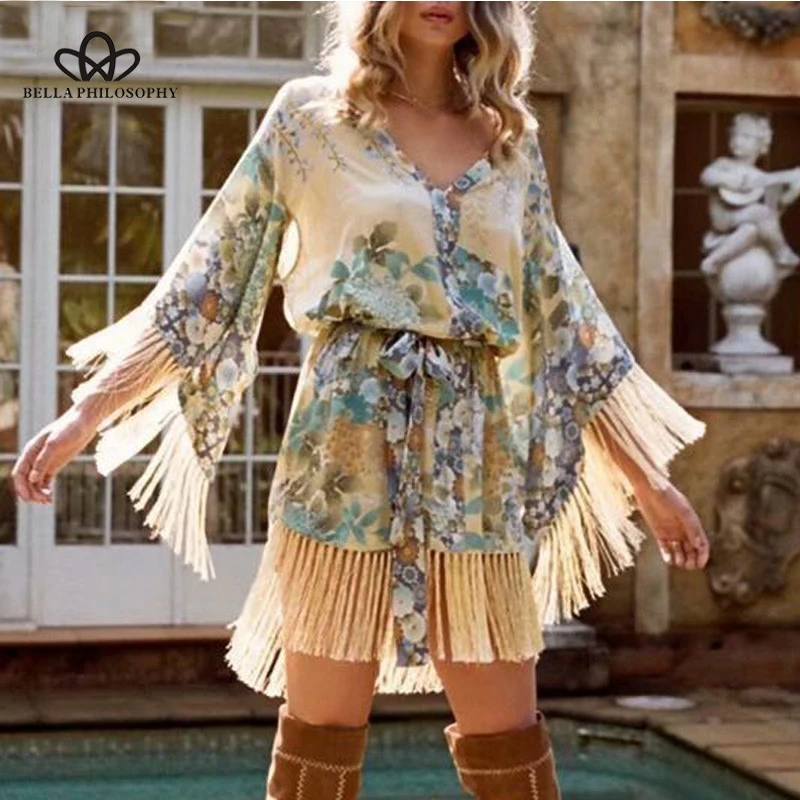 2019 Fringed Vacation Bohemian Mini Shirt Dress Loose Kimono Blouses Flare Sleeve Printing Women Shirt Dress Wonder Store