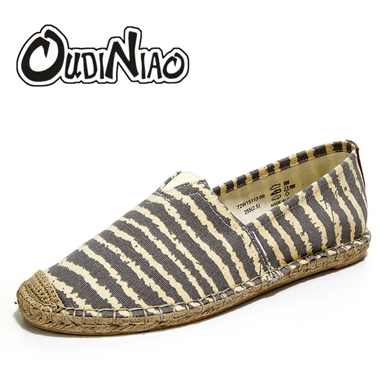 

OUDINIAO Mens Espadrilles Men Mixed Color Slip On Stripe Shoes Men Loafers 2019 Breathable Canvas Men Shoes Fashion Jute Wrapped