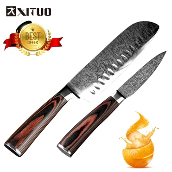 

XITUO Best Family Gifts 2PCS 7"Japanese Santoku Non-stick Knives Kitchen Knife Pakka Wood Utility Tools 7Cr17Mov Beauty Pattern