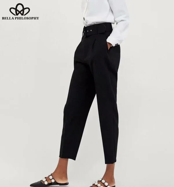 Wonder Vintage High Waist Office Lady Belted Pants Causal Black Harem Pants With Sashes Elegant Lady Trousers Bottoms 2019 new