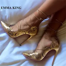 Дизайнерские Туфли-лодочки на высоком каблуке-шпильке с острым носком и ремешком на щиколотке, пикантные туфли-лодочки с вырезами, роскошные золотые женские модельные туфли-гладиаторы в полоску