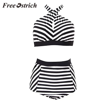 

Free Ostrich Hot Sales Women suit Swimwear Push Up Halter Ribbed High Cut Bandeau Set Black And White Chic Ins Style Sets