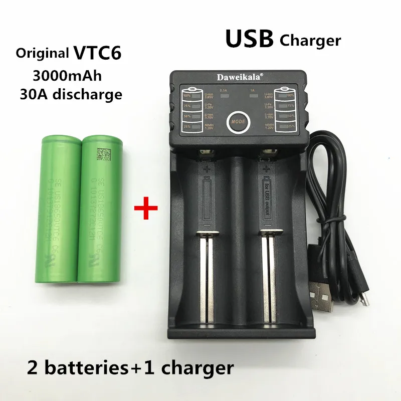 

Daweikala 2pcs VTC6 3.7V 3000mAh 18650 rechargeable battery for Electronic Cigarette 18650 VTC6 30A discharge+1pcs charger