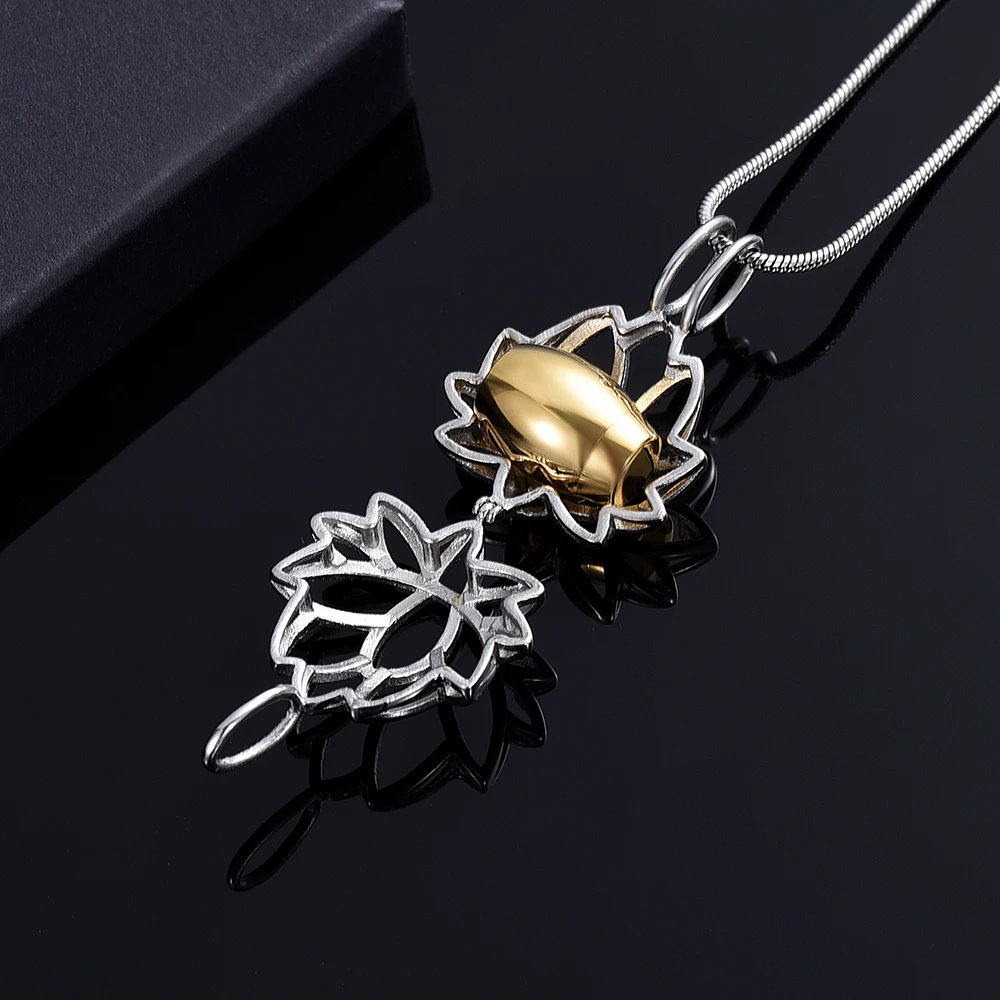 IJD20001 Stainless Steel Lotus Flower Keepsake Locket Hold Gold Color Mini Urn for Loved One's Sharing Ashes Cremation Jewelry