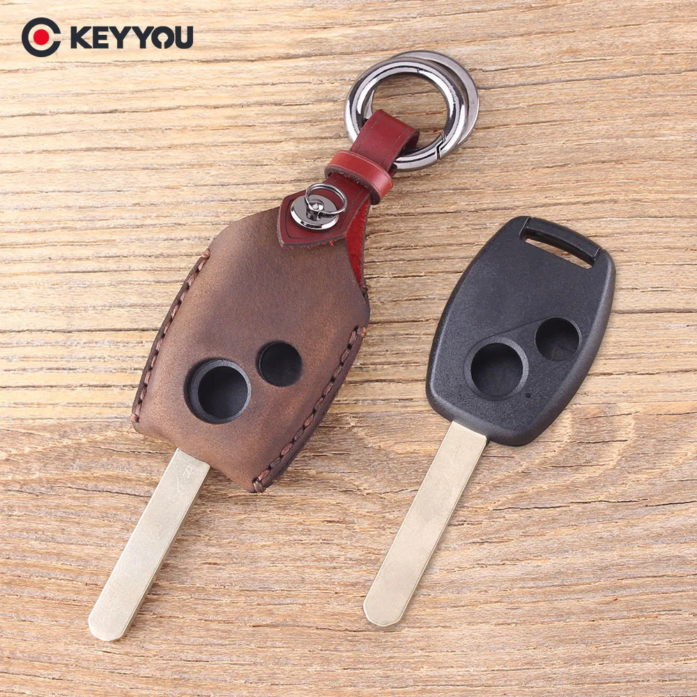 

KEYYOU Leather Car Key Cover Fob 2 Buttons Remote Key Shell For Honda Accord Civic CRV Pilot Protector Key Bag Case