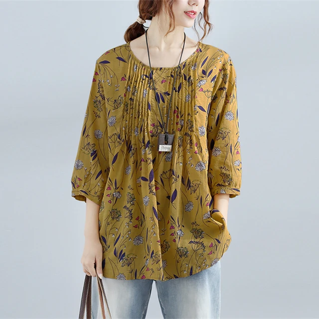 New ZEANZE Women Summer  O Neck 3/4 Sleeve Casual Party Pleated Shirt Office Work Floral Print Loose Blouse Top Plus Size 3