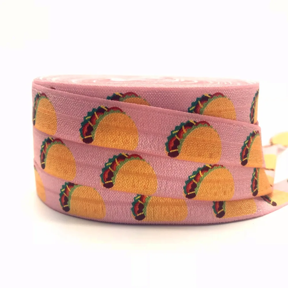 

10 yard 5/8" Tacos Print Fold Over Elastic Pink FOE Ribbon Webbing for Girl Wristband Hair bow Headband Hair band Accessory