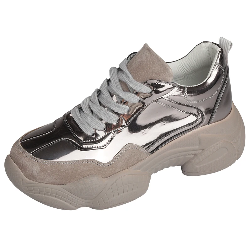 

2019 Spring Women Patent Leather Casual Shoes Fashion Platform Sneakers Lace Up Flat Loafers