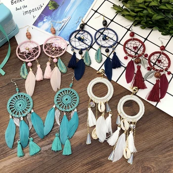 

Europe Handmade Vintage Feather Dangle Earrings Women Bohemia Beach Vacation Fashion Jewelry Accessories Tassel Mesh Earring