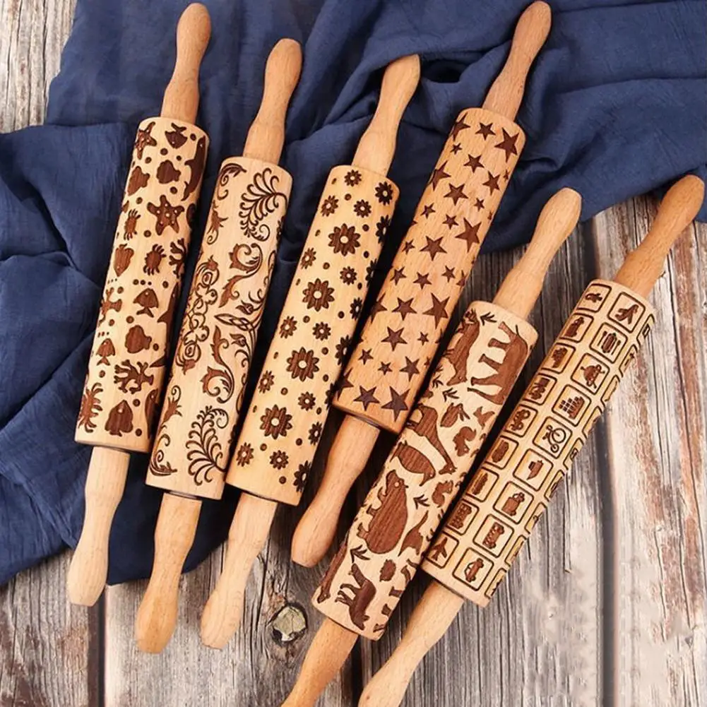 

New Dog Christmas Deer Wooden Rolling Pin Embossing Baking Cookies Noodle Biscuit Fondant Cake Dough Patterned Roller Snowflake