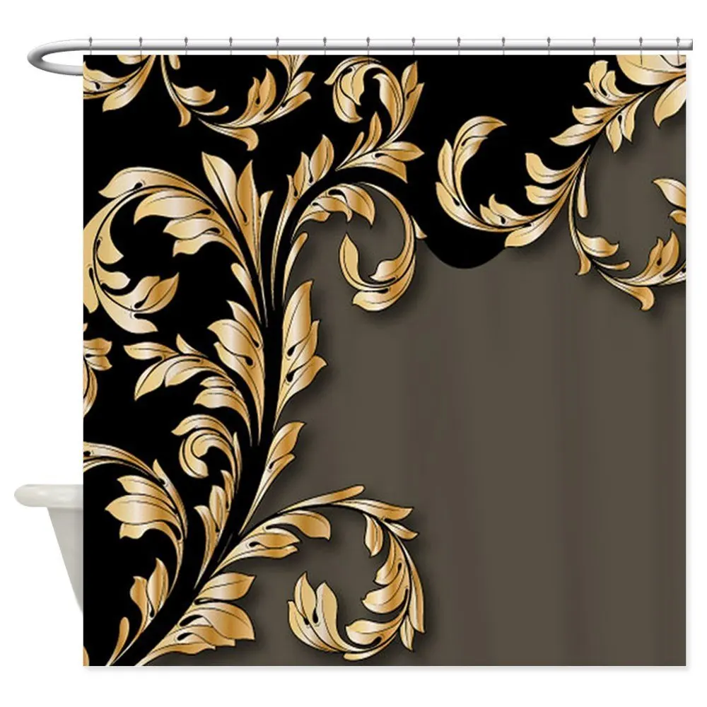Gold And Black Leafy Flourish Decorative Fabric Shower Curtain 12 Hooks