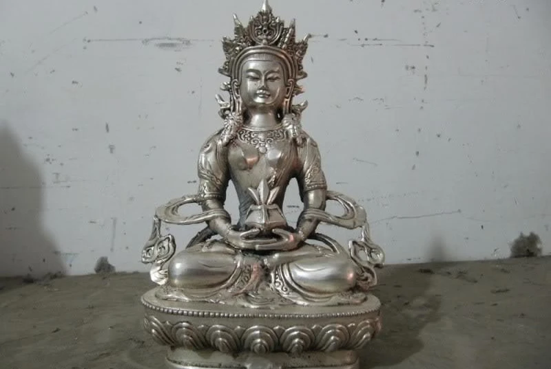 Buddhist Fane White Bronze Silver Amitayus longevity Bodhisattva Kwan-Yin Buddha