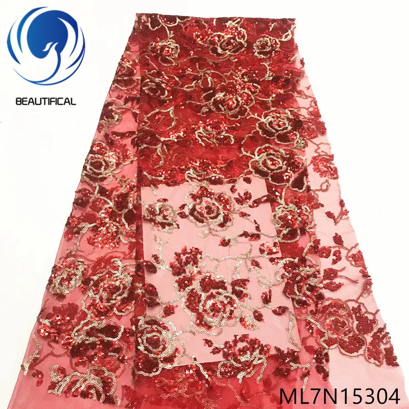 

Beautifical african lace fabrics Latest design french net lace embroidery sequins fabric nigerian lace fabrics 5yards ML7N153