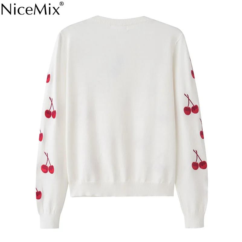 NiceMix демисезонный кардиган, женский свитер, Повседневный Кардиган с вышивкой вишни, короткие пальто, вязаный свитер для женщин