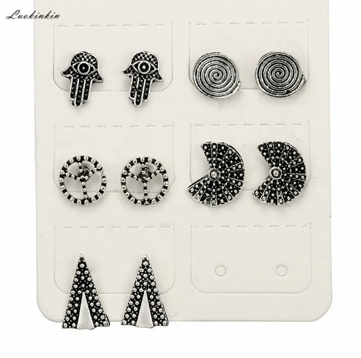 

vintage silver sector triangle spiral palm stud earrings set small geometric earrings for women jewelry 5 pairs in a box