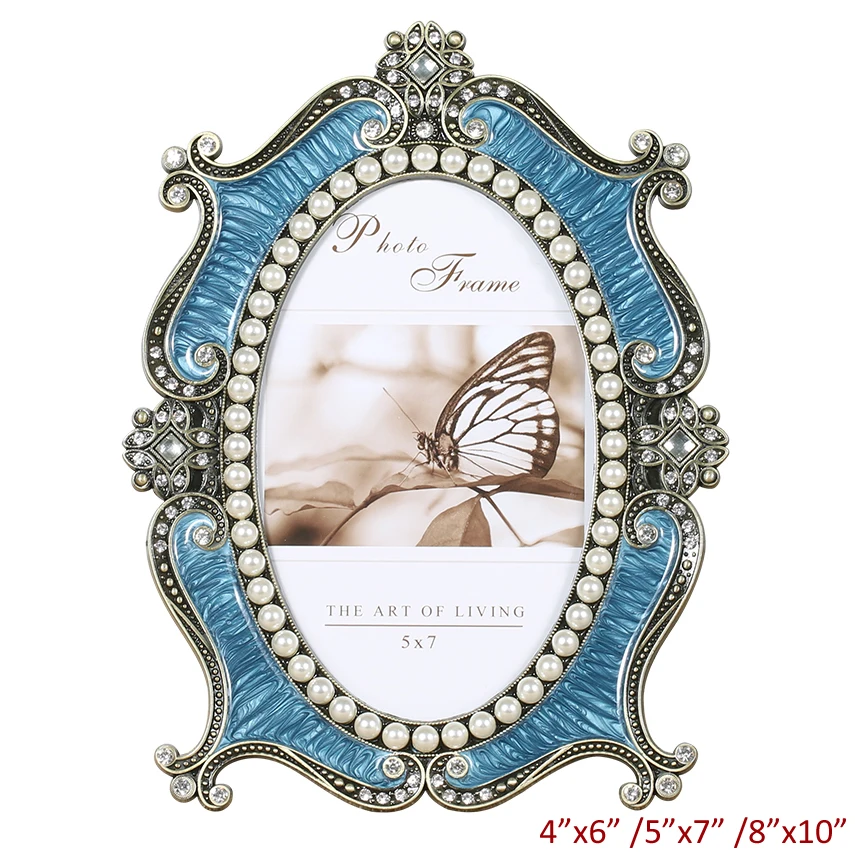 

Antique Brass with Blue Hand Enameled and White Pearls Jeweled 5x7 inches Oval Tabletop Metal Alloy Picture Photo Frame