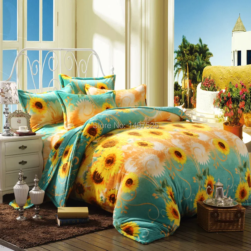 Free Shipping Sunflower Pattern Reactive Printing Flannel Bedding
