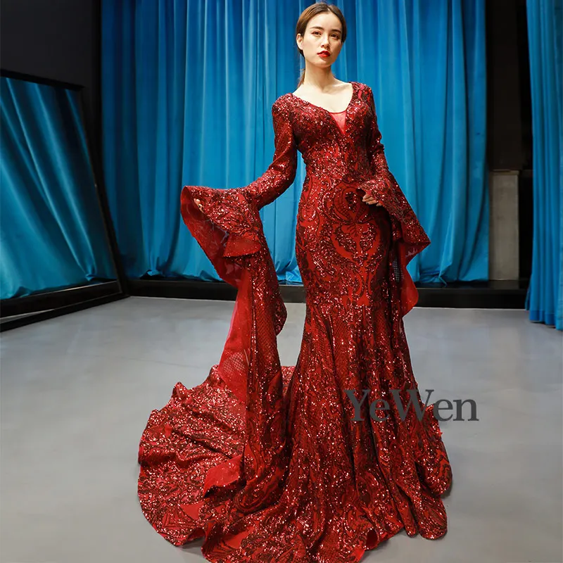 Красное роскошное вечернее платье Vestidos De Fiesta De Noche, сексуальное вечернее платье с v-образным вырезом, Длинное Элегантное официальное платье русалки YM20250