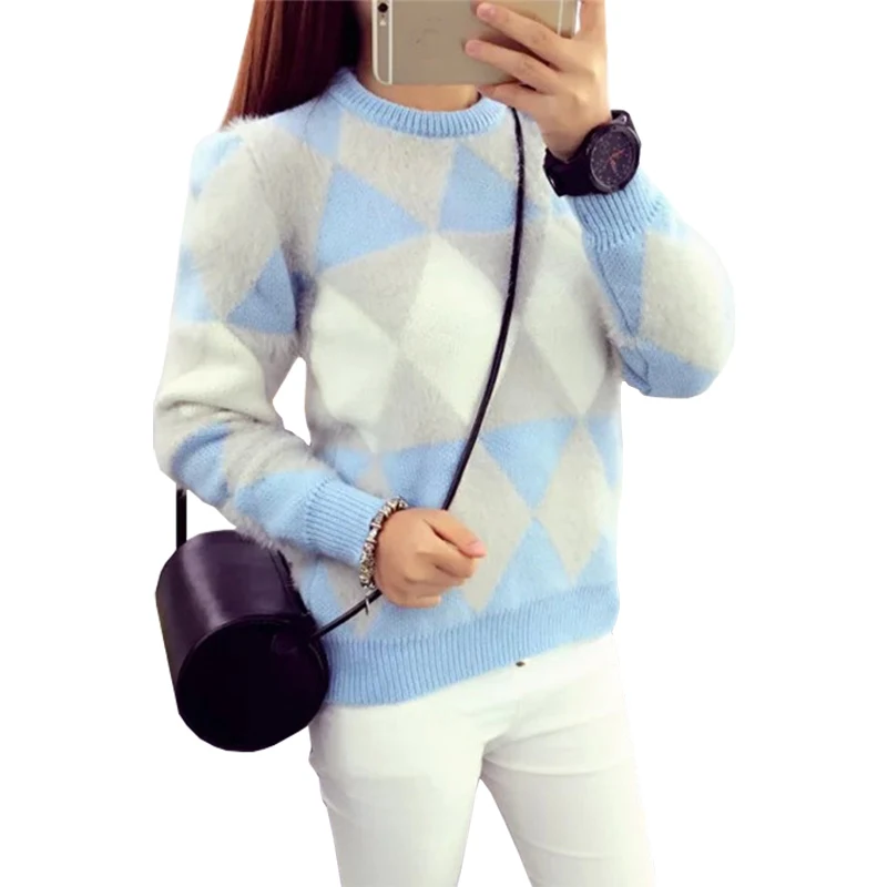 

Fall Winter Sweater Women New Korean Spell Color Diamond Pullover Female Student Hedging Mohair Jumper Bottoming Vestidos LXJ199