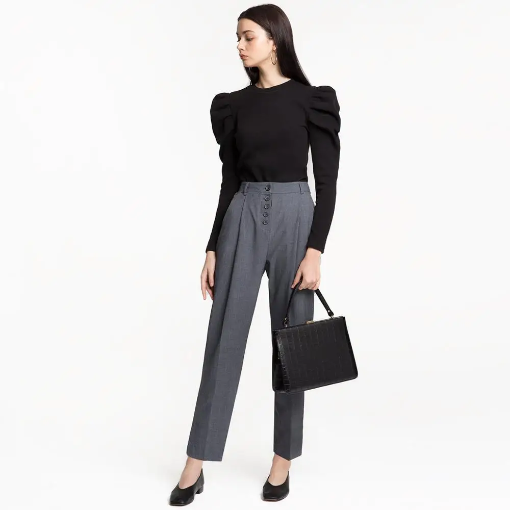 Ladies Gray Women Pencil Straight Pants Buttons High Waist OL Office