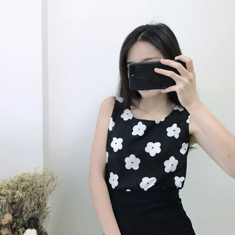 Female Small fresh flower sling top Women's Summer Fashion Print Split Dress V-neck Top Sling girl Vest camisetas tirantes mujer