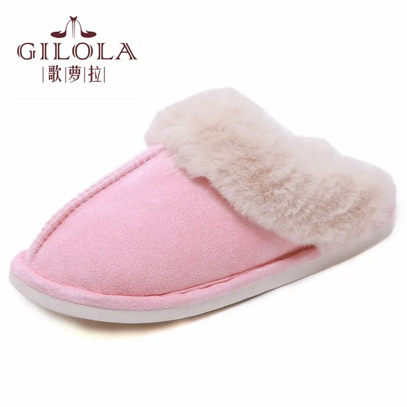 

Winter Faux Fur Women Slippers Indoor Solid Warm Women Shoes Memory Foam Adult Plush Flat Home Slip On Pink #Y0322892Y