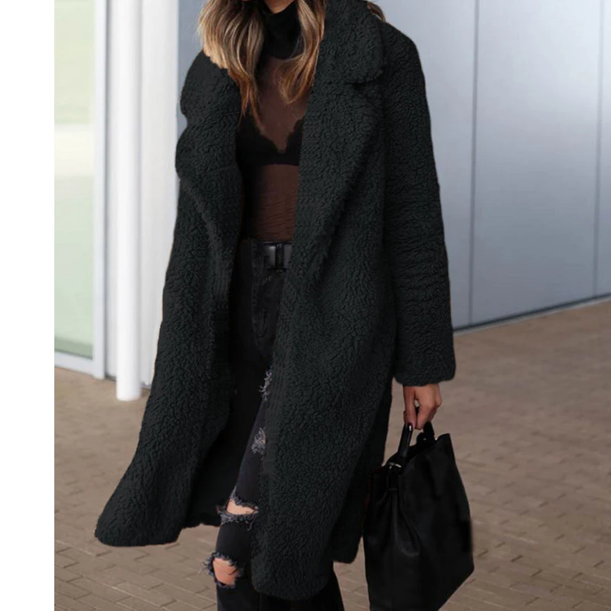 Женское шерстяное длинное пальто для офиса, флисовые куртки, зимнее теплое плюшевое пальто, кардиган, пушистые топы, пальто размера плюс, M0166