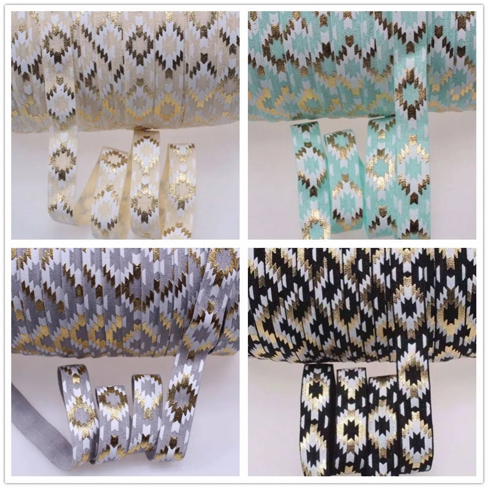 

5/8" gold foil aztec printed foe elastic ribbon #815-cream, fold over elastic for DIY, 50yards/lot