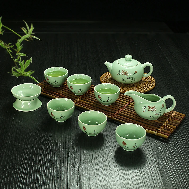 10 Pcs,Loutus,green,porcelain,Ceramic teaset, Gongfu Tea Set, suit for