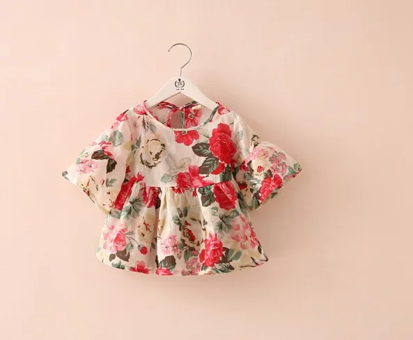 Блузки для девочек, рубашка с цветочным принтом и расклешенными рукавами, топы, платья для малышей, вечерние рубашки, одежда для детей, рубашки