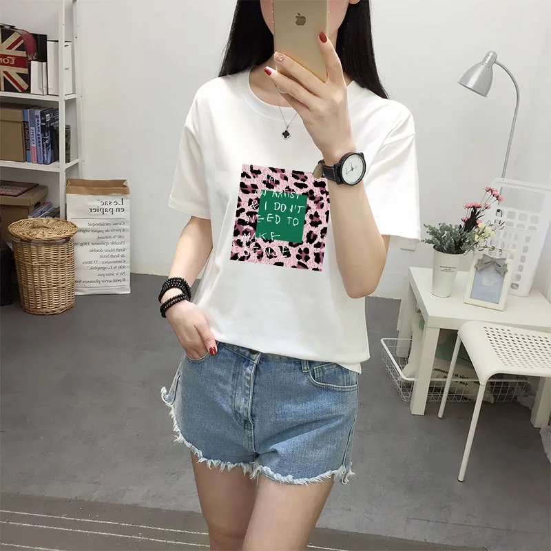

2019 Summer new Short Sleeve O Neck tunic Tops Leopard letter Print Women T shirts korean harajuku fashion minimalist slim Tee