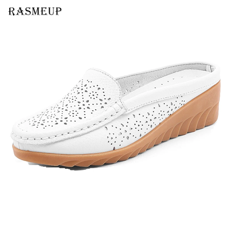 

RASMEUP Genuine Leather Women's Platform Slipper Flats Breathable 2018 Summer Casual Woman Soft Wedges Women Slip-on Shoes